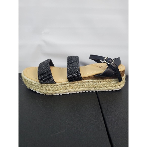 Qupid Daylen Wedge Espadrille Black‎ Tan Sandal Round Toe Straps Womens Size 6 - Picture 9 of 15